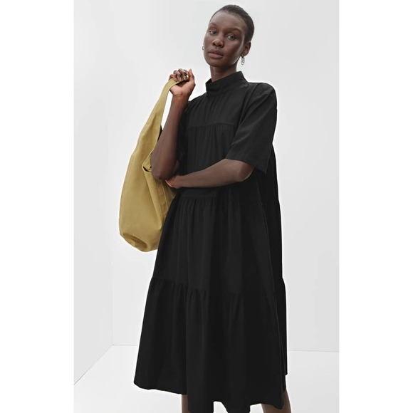 Everlane The Tiered Mockneck Dress in Black Size XS Cotton Short Sleeve Pockets - Picture 1 of 5